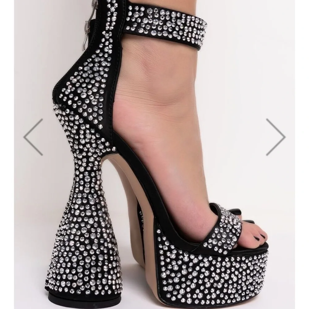 - Platform sculptural chunky block heels rhinestone crystals!